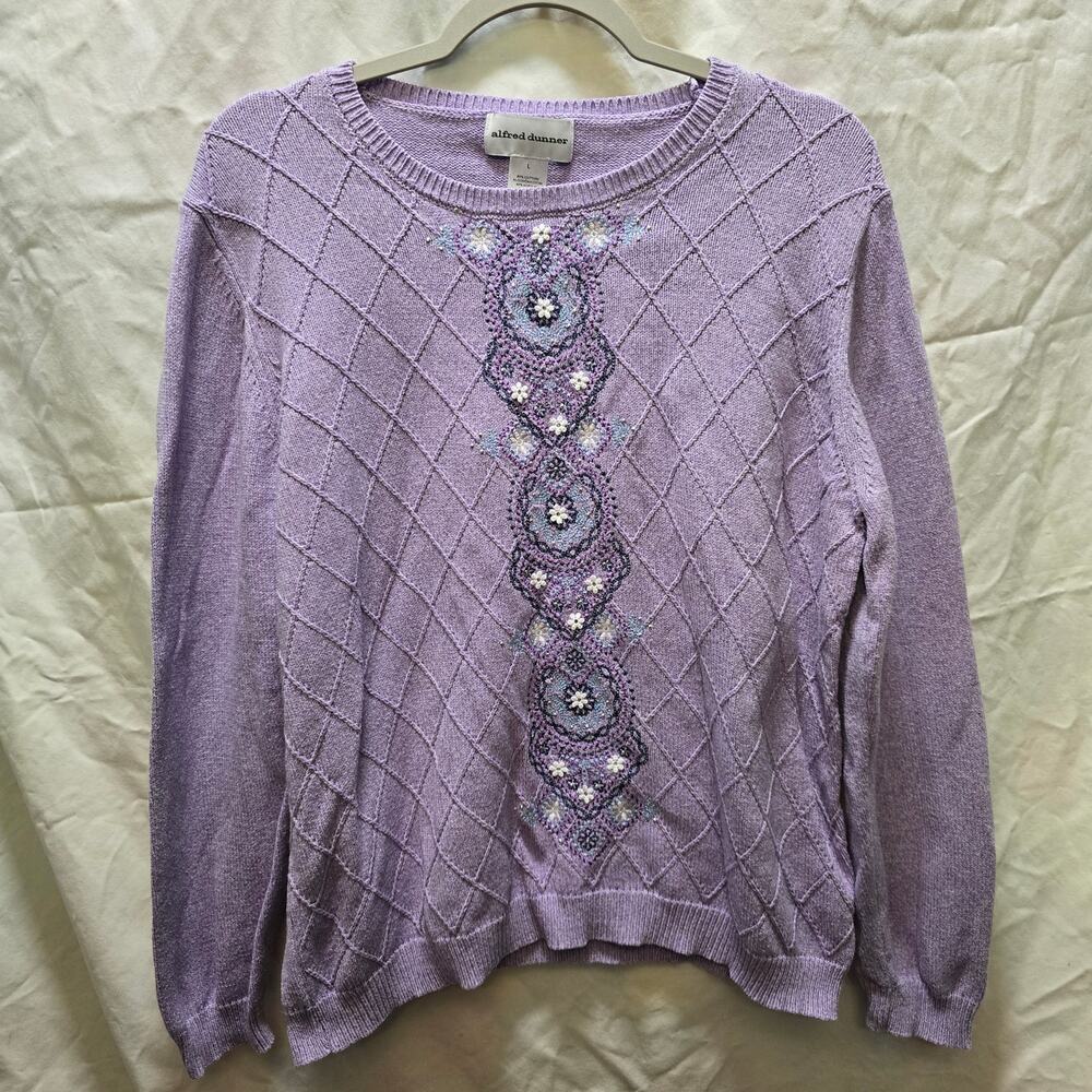 Alfred Dunner lavender purple rhinestone embroidered sweater flowers large